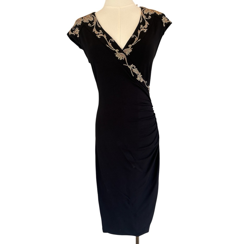 Y2K CACHE Black Beaded V-Neck Fitted Bodycon Midi Dress Glam Party Event Size S